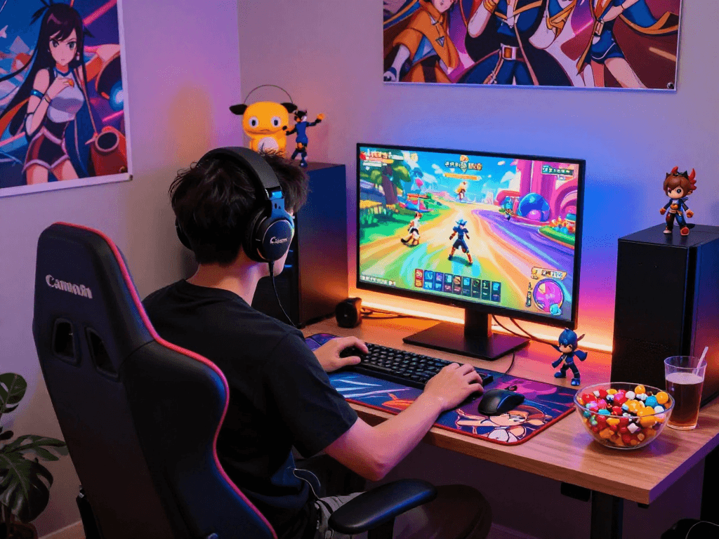 Engaging scene of a gamer immersed in hentai games in a cozy room, with LED lights and dynamic game interface.