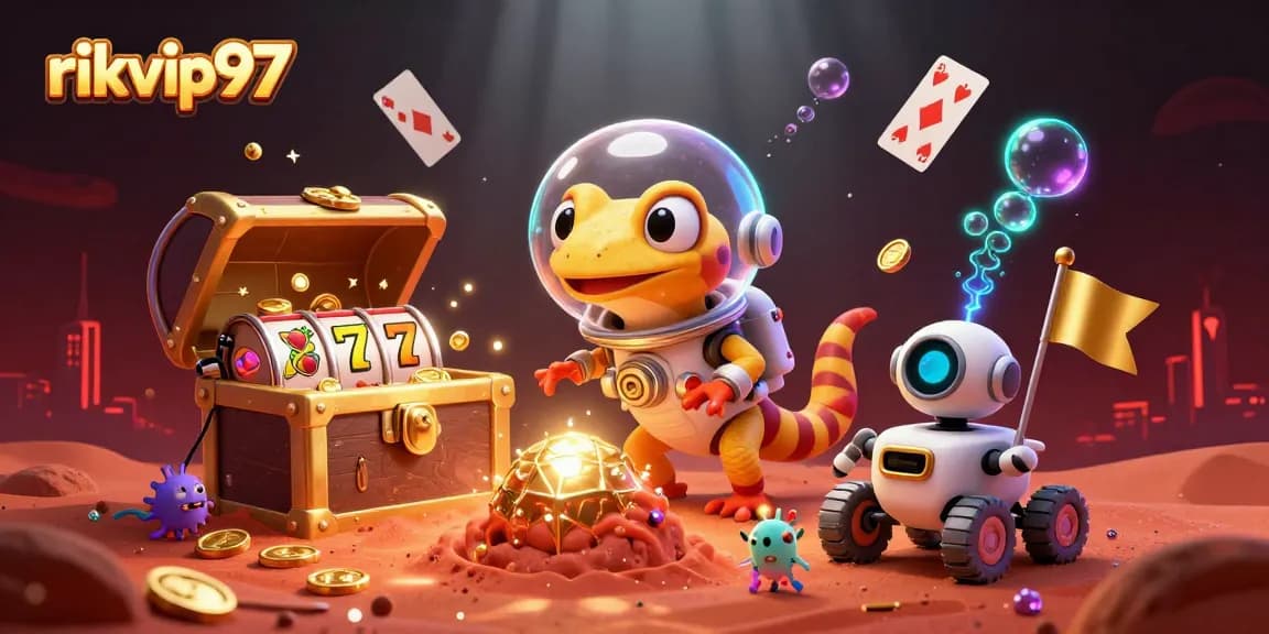 rikvip97 celebrates with a Martian gecko discovering a golden casino in a vibrant, animated scene