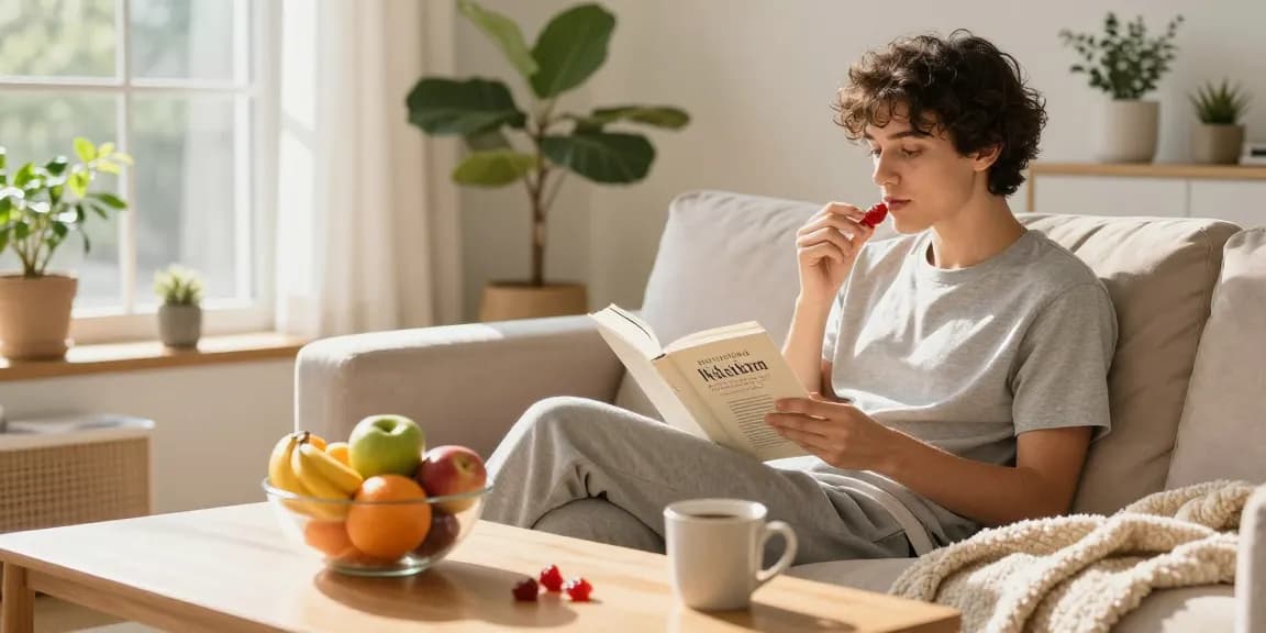 Enjoying kratom gummies in a cozy home setting with wellness book and fruit bowl.