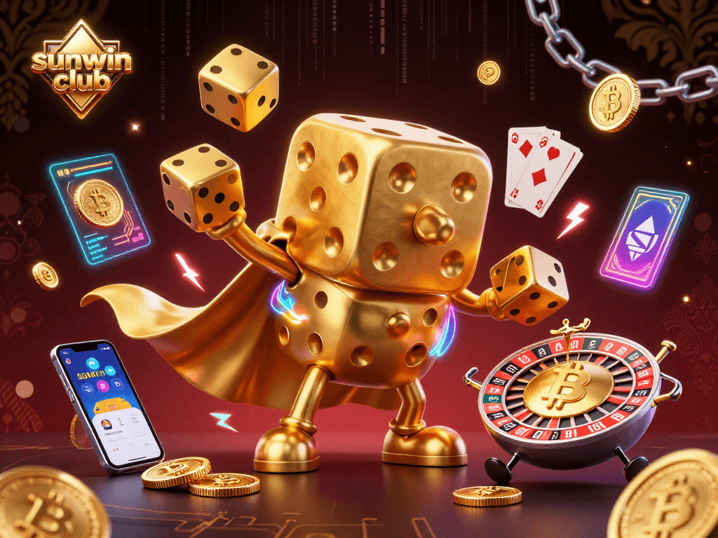 Engage with the sunwin club dynamic casino illustration featuring golden dice, crypto elements, and vibrant energy.