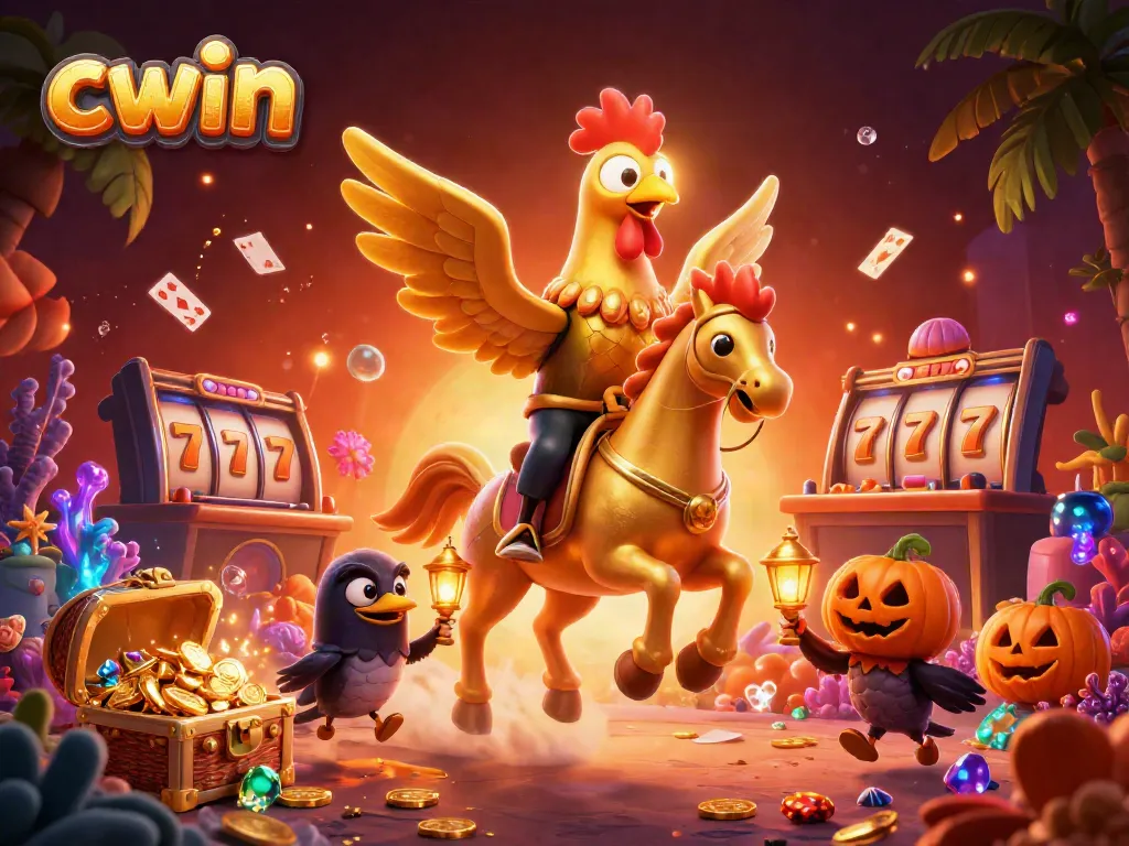 Experience cwin in a magical casino scene featuring a golden rooster and spectral horses amidst treasures.