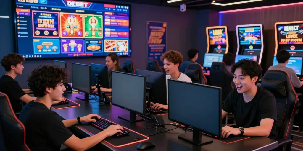 Players enjoying the DEBET online gaming platform in a vibrant gaming lounge environment.