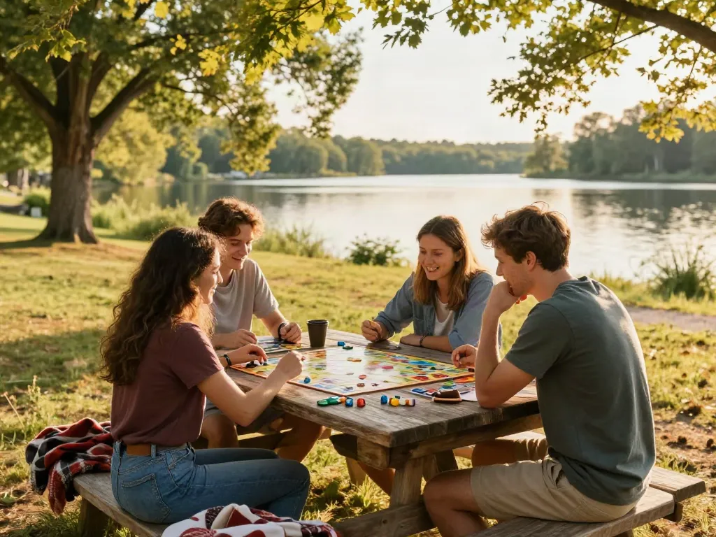 Engaging tabletop gaming at tabletoplog.org with log cabin theme, players enjoying nature.