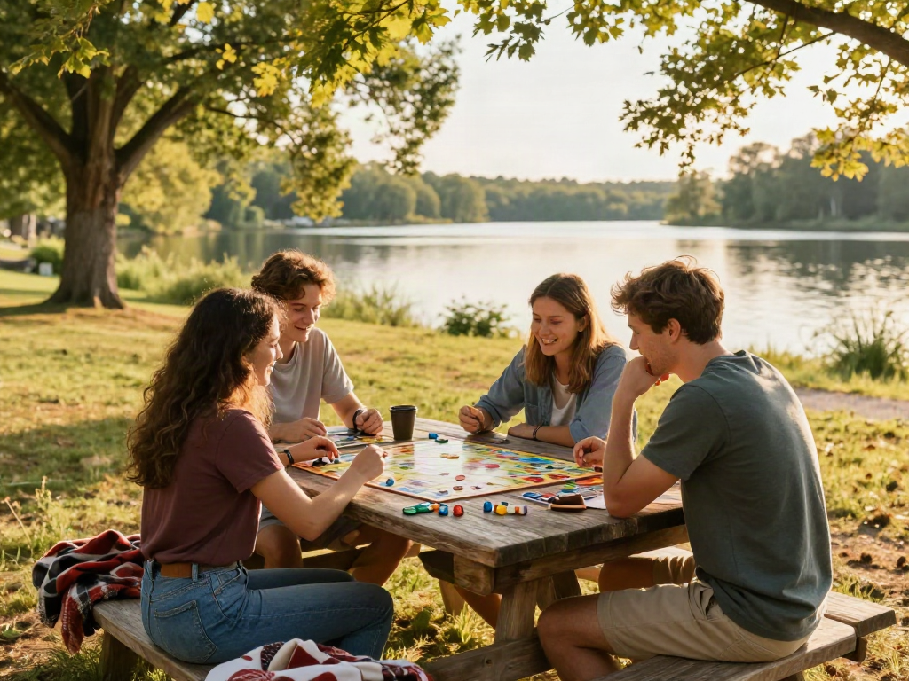 Engaging tabletop gaming at tabletoplog.org with log cabin theme, players enjoying nature.