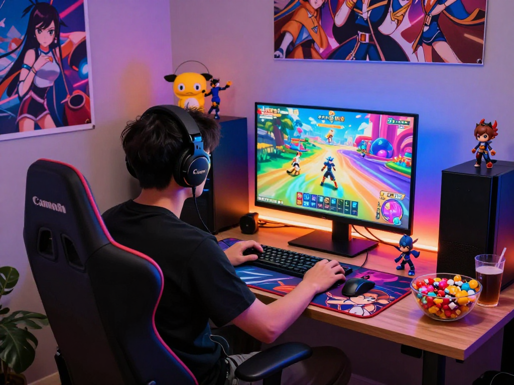 Engaging scene of a gamer immersed in hentai games in a cozy room, with LED lights and dynamic game interface.