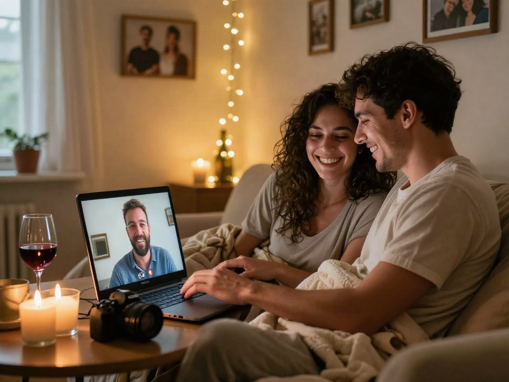 Engaging ai sex chat scene with couple connecting over video chat in cozy home.
