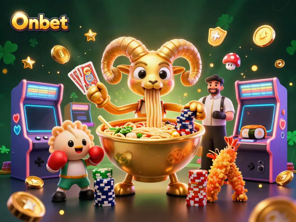 Experience Onbet’s colorful 3D casino adventure featuring card-dealing ramen and game characters.