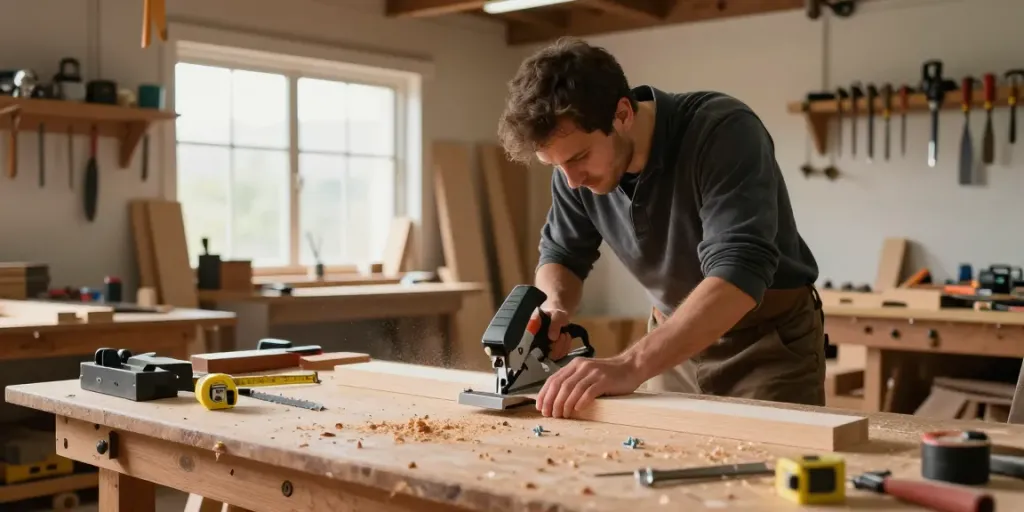 Carpenter using a hand mitre saw on timber in a bright workshop, surrounded by woodworking tools.