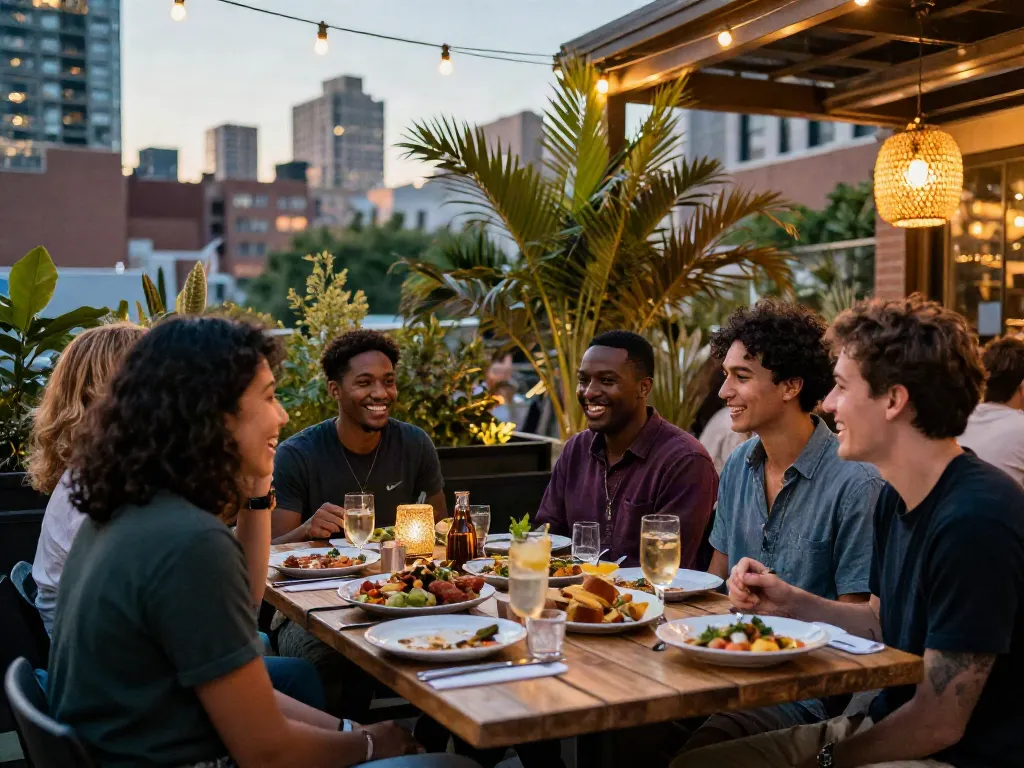 A social gathering at bedfordsocialclub.com, friends enjoying a meal outdoors with a city skyline backdrop.