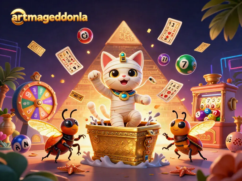 Artmageddonla features a vibrant casino scene with a mummy cat and exciting lottery dynamics.