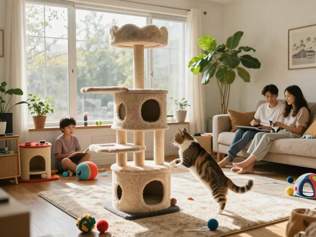 Interactive cat tower with playful cat in a cozy living room