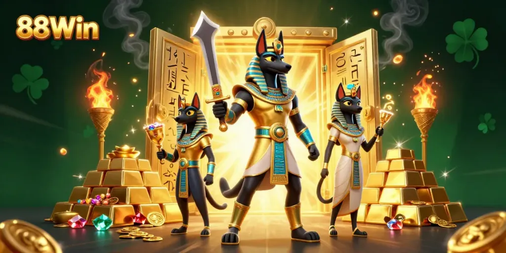 Experience the thrill of 88Win with this vibrant 3D illustration showcasing ancient themes and casino elements.