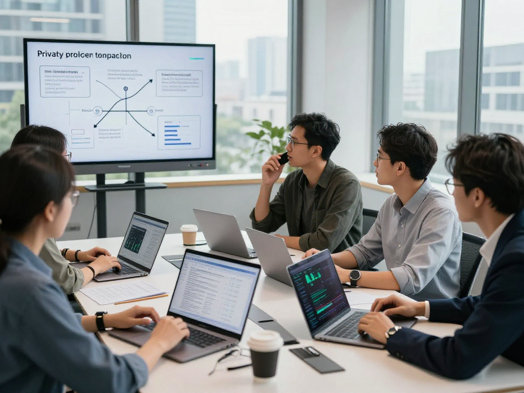 Professionals discussing Tornado Cash privacy protocol in modern workspace with digital data visualizations.