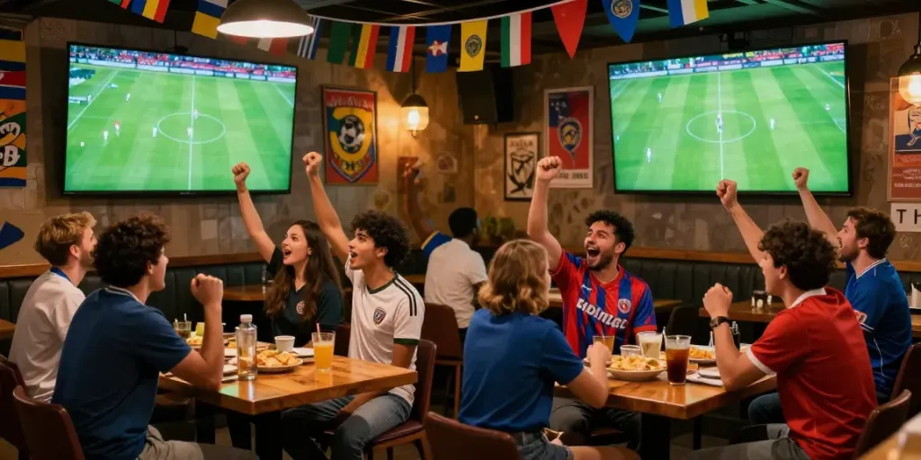 Fans celebrating football matches together at tebakskor889.org inspired sports bar.