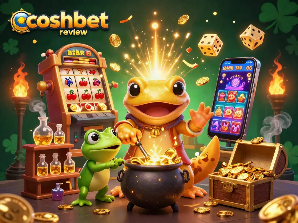 Experience the vibrant world of Cosmobet Review with gold coins, slot machines, and alchemical magic.