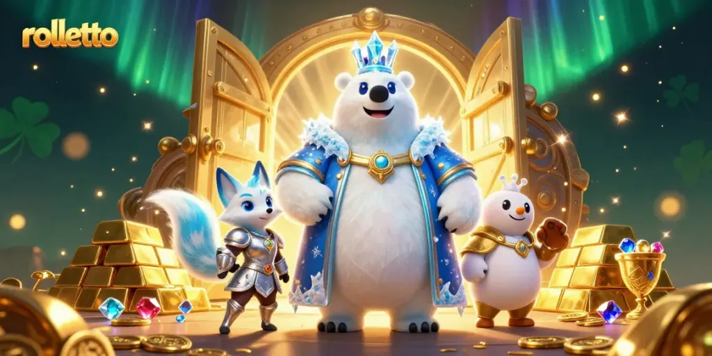 Experience rolletto casino excitement with a polar bear and snow fox amidst treasure and gems.