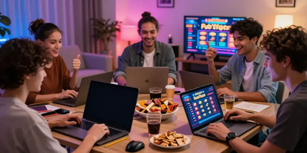 Diverse players enjoying Daftar Dewatogel in a vibrant home gaming setting with modern devices, snacks, and lively interaction.