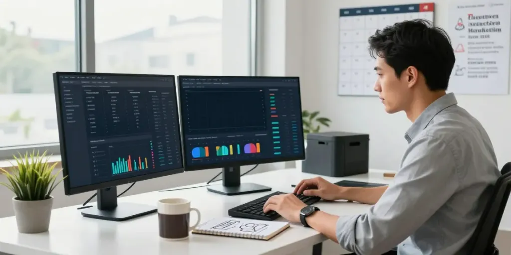 Marketer optimizing instant indexing strategy in a modern workspace.