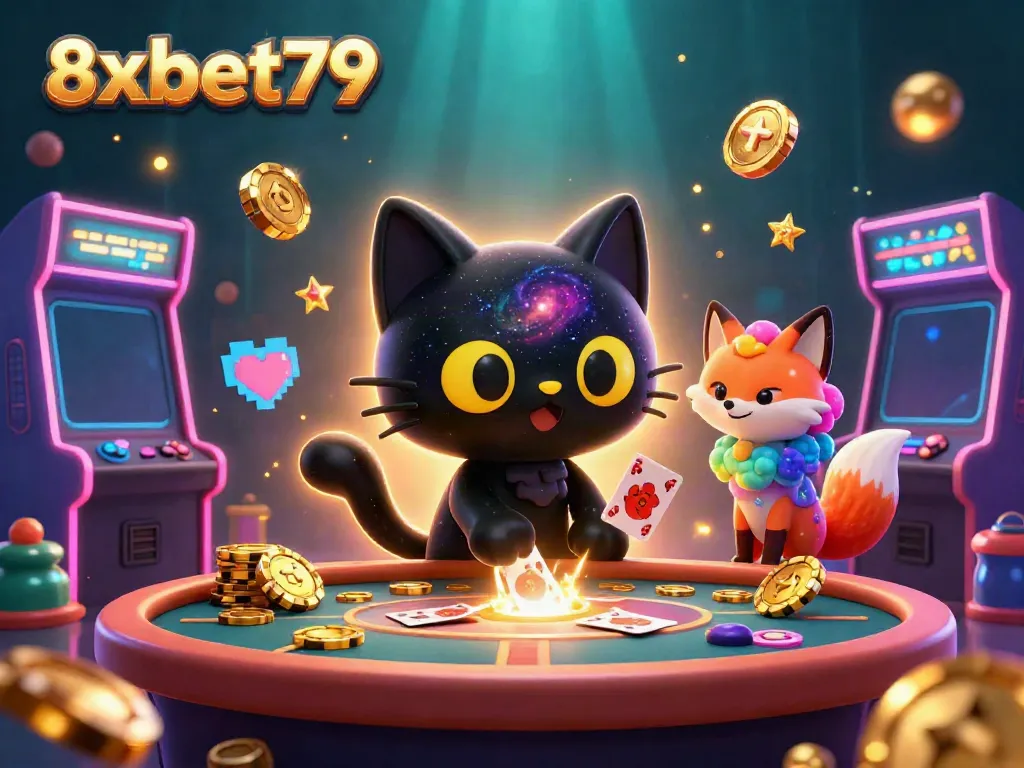 Engaging 3D illustration of 8xbet79's cosmic casino featuring a black hole cat and nebula fox.