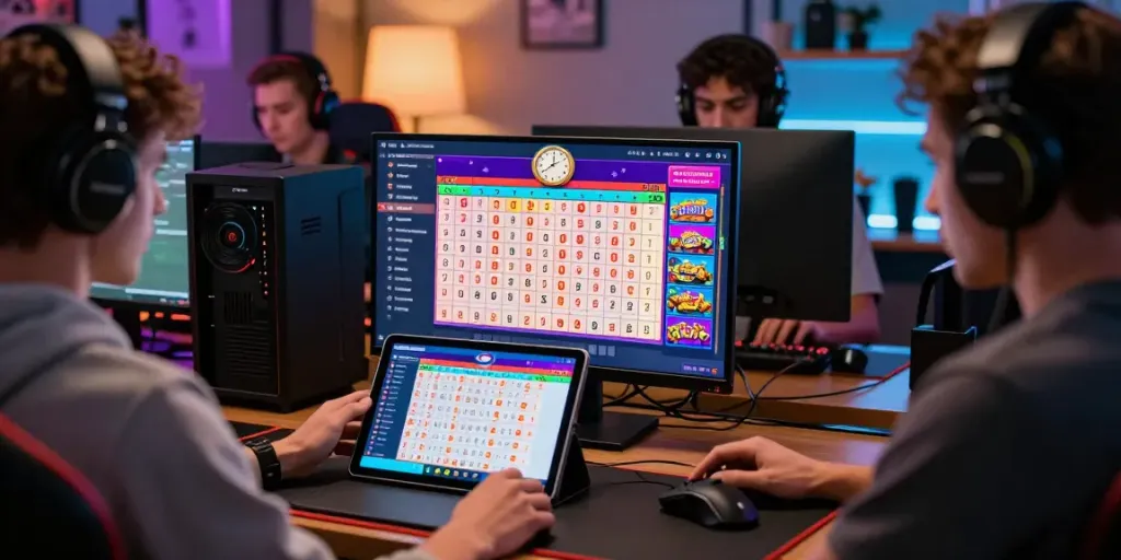 Dewatogel online lottery players engaging with an interactive gaming interface, surrounded by modern gaming gear in a cozy setup.