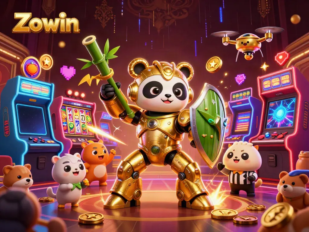 Zowin enhances gameplay experience with vibrant casino and arcade elements in a packed arena.
