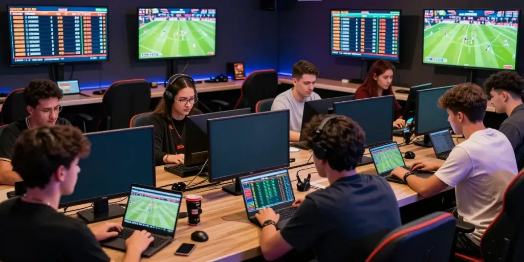 DewaGG online betting scene with diverse bettors analyzing real-time football statistics and odds.