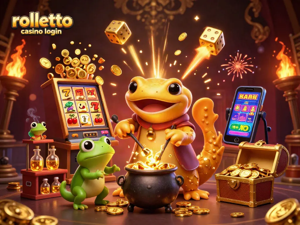 Rolletto casino login: Engage in thrilling gameplay with vibrant golden illustrations and dynamic casino elements.