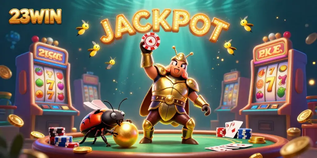 Engage in slot excitement with 23WIN's vibrant jackpot celebration featuring a heroic beetle.