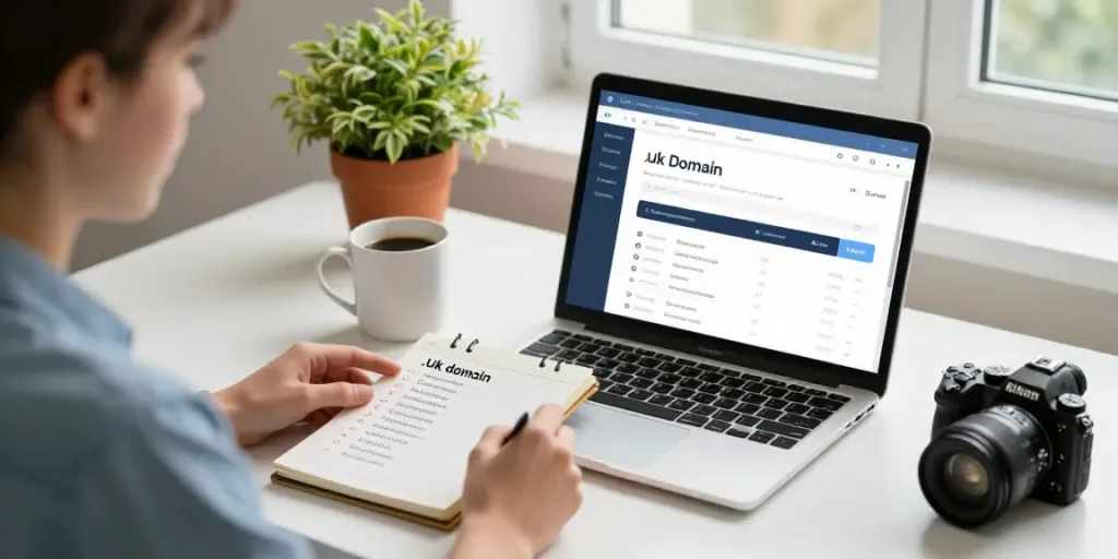 Professionally reviewing options to buy .uk domain in bright home office