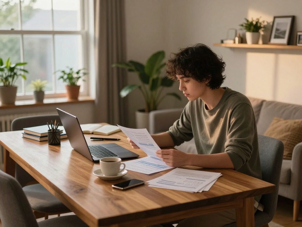 Individual reviewing finances in a cozy home office, exploring options on https://credit-consolidation.ca to improve credit.