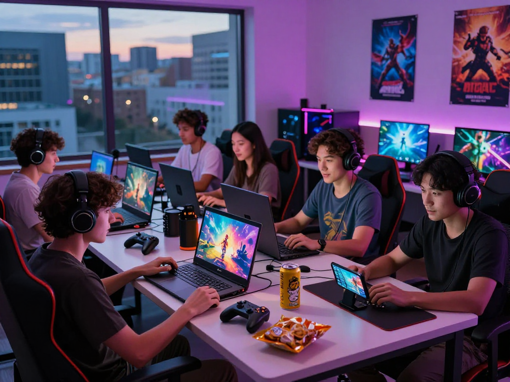 Adults engaged in popular adult game experiences in a cozy gaming scene with devices and colorful graphics.