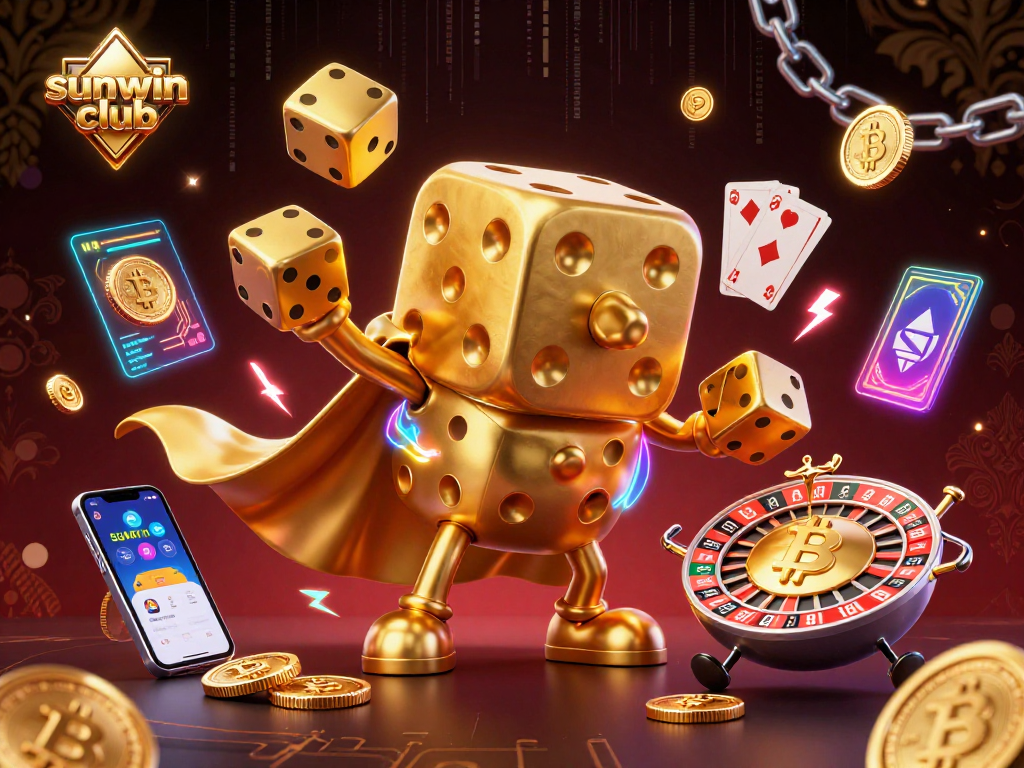Engage with the sunwin club dynamic casino illustration featuring golden dice, crypto elements, and vibrant energy.