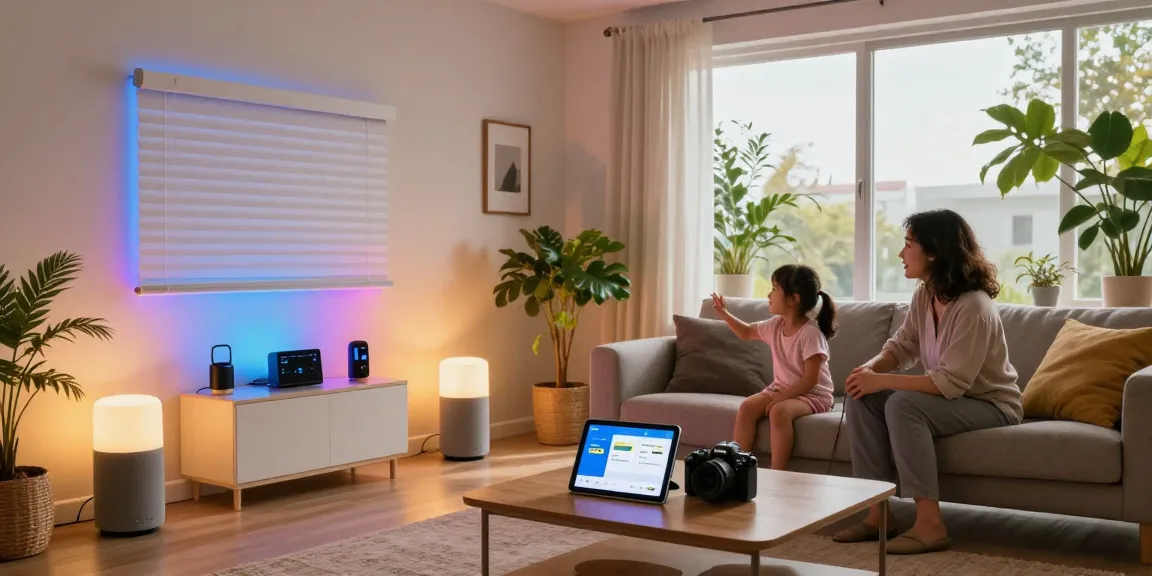 IKEA smart home products enhancing a cozy living room with smart blinds and interactive app.