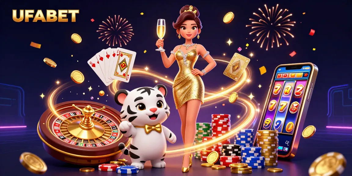 Play exhilarating games at UFABET with a glamorous woman and a lucky tiger amidst sparkling coins and cards.