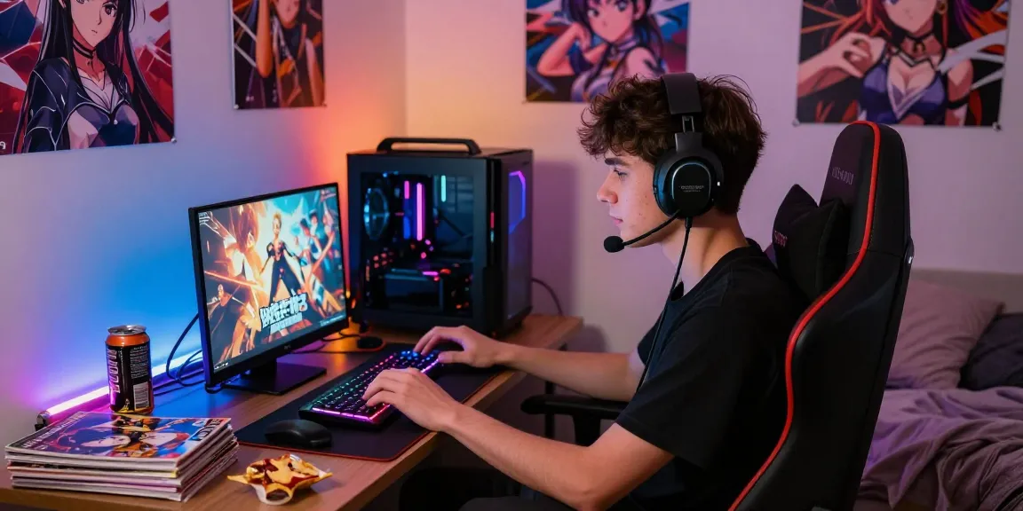 Engaged gamer playing a hentai game in a cozy bedroom setting with vibrant RGB lighting.