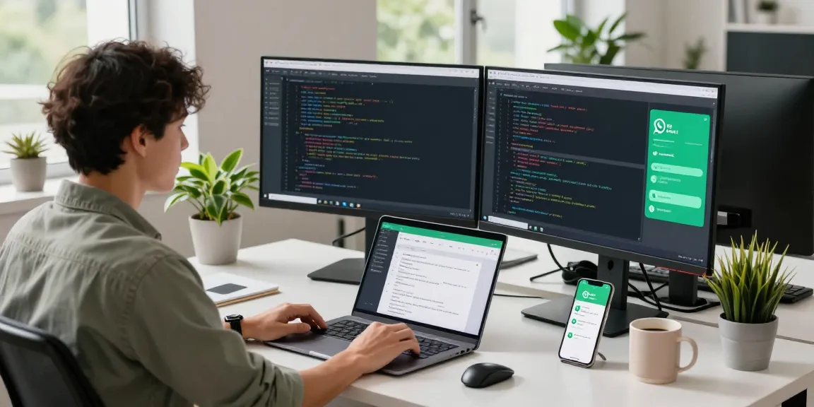 Developer's workspace focused on WhatsApp下載 with dual monitors and tech elements.
