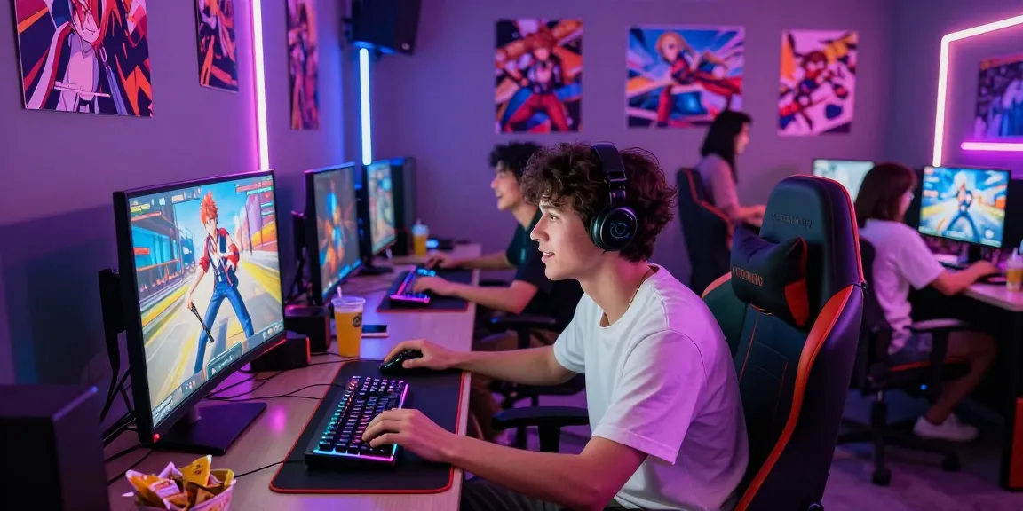 Engaging scene of a gamer playing ecchi games with friends in a colorful gaming lounge.