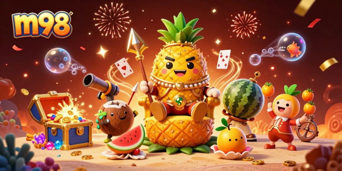 Experience m98 gaming excitement with a golden pineapple king and festive casino atmosphere.