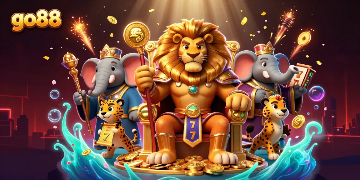 Play exciting games at go88 with a majestic lion king overseeing thrilling action and vibrant elements.