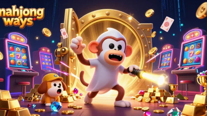 Experience the excitement of Mahjong Ways with a playful poltergeist and a curious ghost-hunter puppy in a vibrant casino.