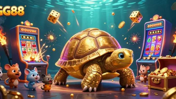 Experience the thrill of GG88 casino with vibrant games and golden rewards in this detailed 3D illustration.